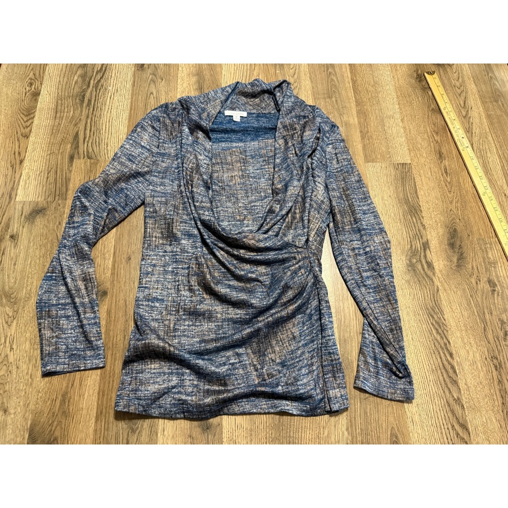Erin London Top Womens Size M Blue Marled Blouse Long Sleeve Cowl Neck Ruched